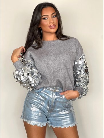 Pull manches sequins gris Dely
