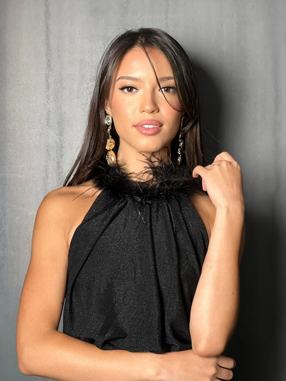 Robe courte noir à plumes