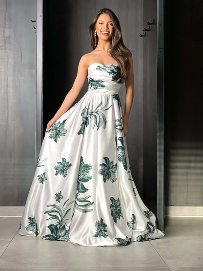 Robe de soirée feuillage vert