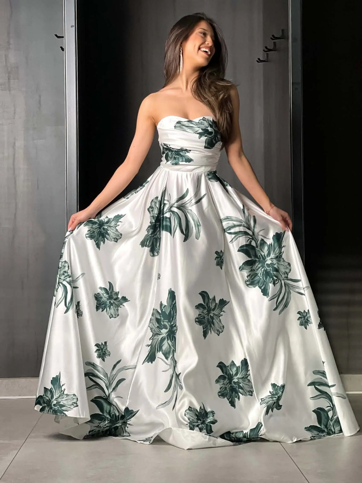 Robe de soirée feuillage vert